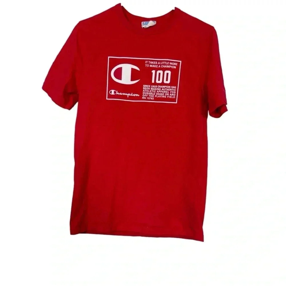 Vintage Champion Shirt Adult Men's Medium Red 100 Graphic Tee 100% Cotton